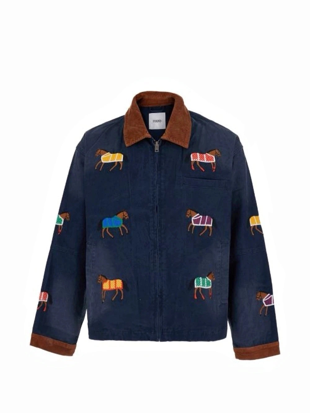 FOUND Horse Equine Work Jacket Embroidered Blue & Brown Medium